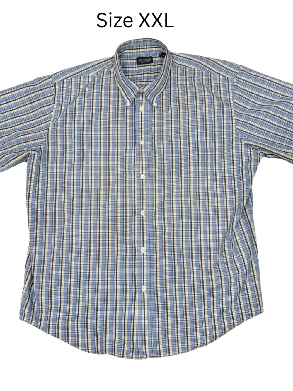 Consensus Men’s XXL Button Down Shirt Blue Yellow Plaid Short Sleeve Casual